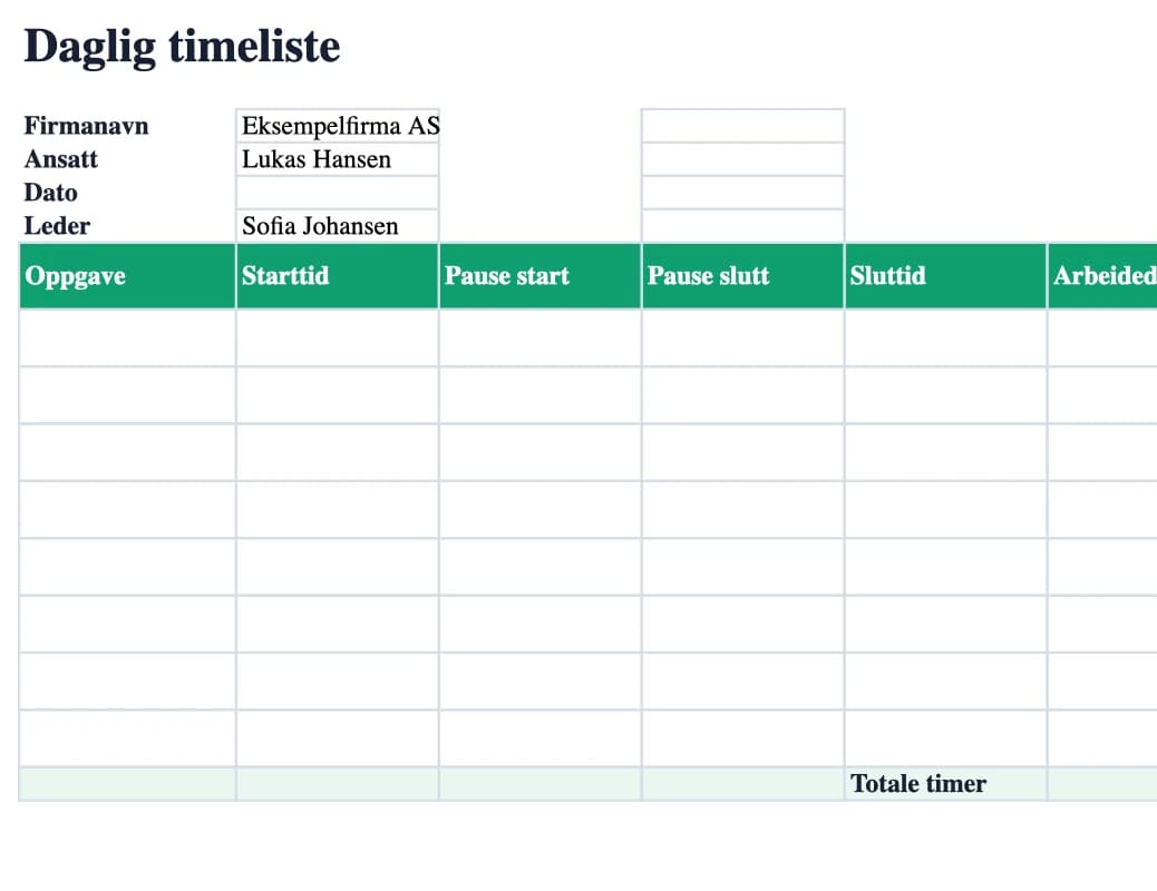 Excel-forhåndsvisning: Daglig timeliste