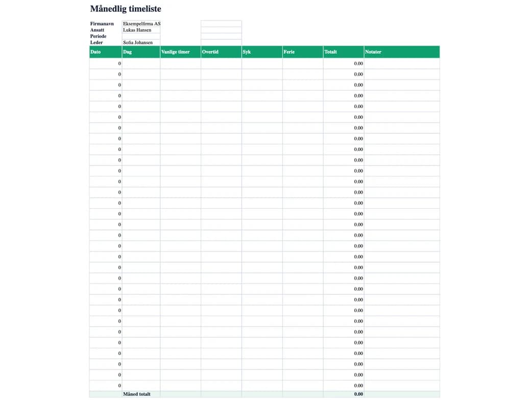 Excel-forhåndsvisning: Månedlig timeliste