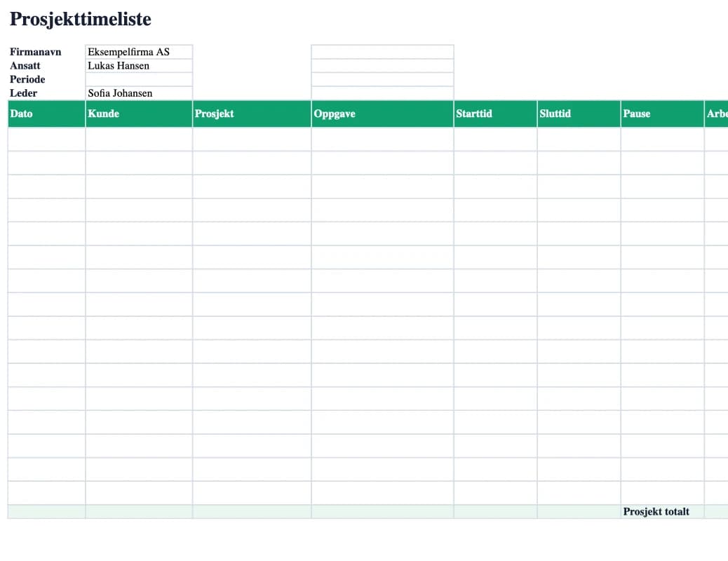 Excel-forhåndsvisning: Prosjekttimeliste