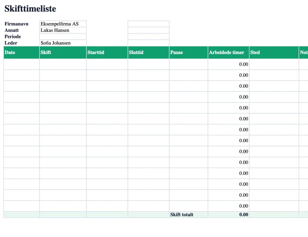 Excel-forhåndsvisning: Skifttimeliste