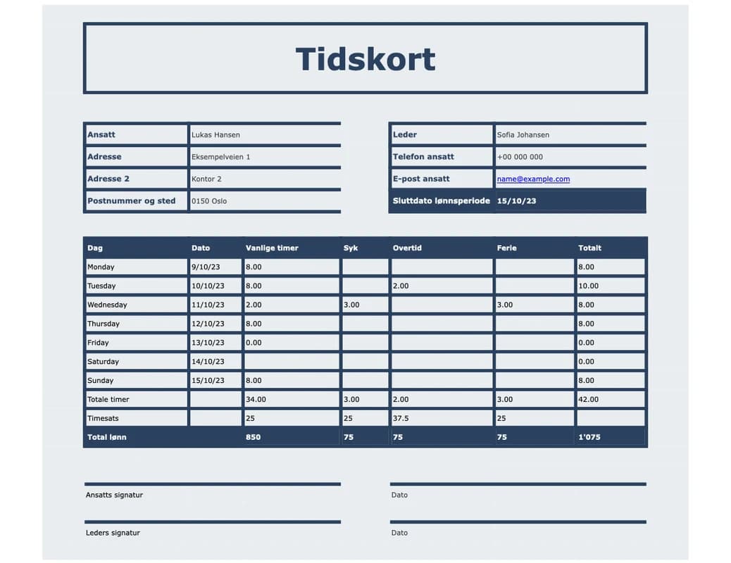 Forhåndsvisning av Excel-malen Timekort