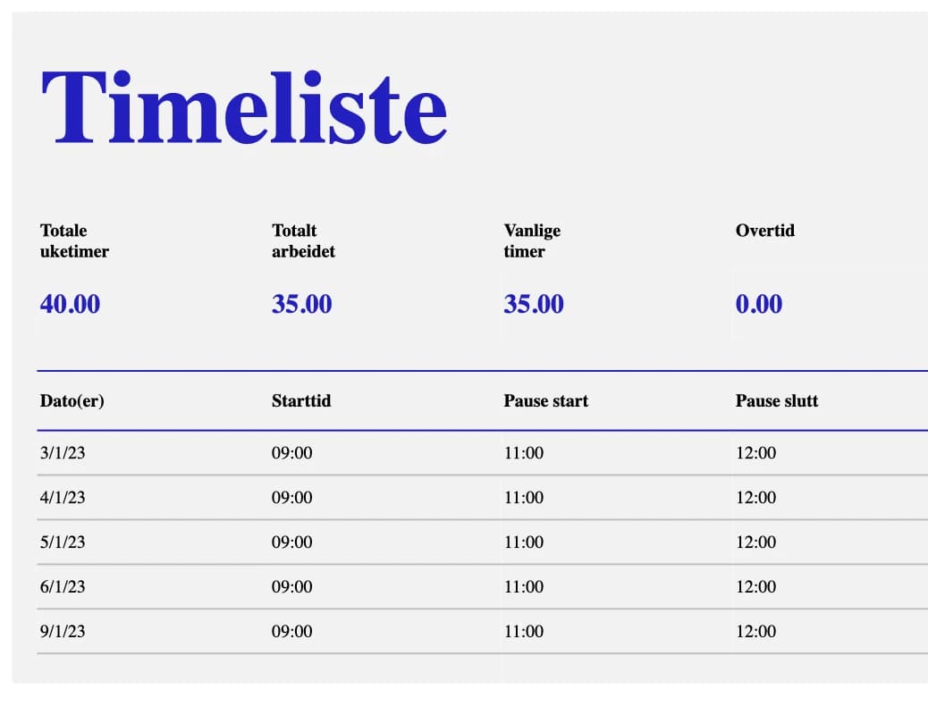 Forhåndsvisning av Excel-malen Ukentlig timeliste