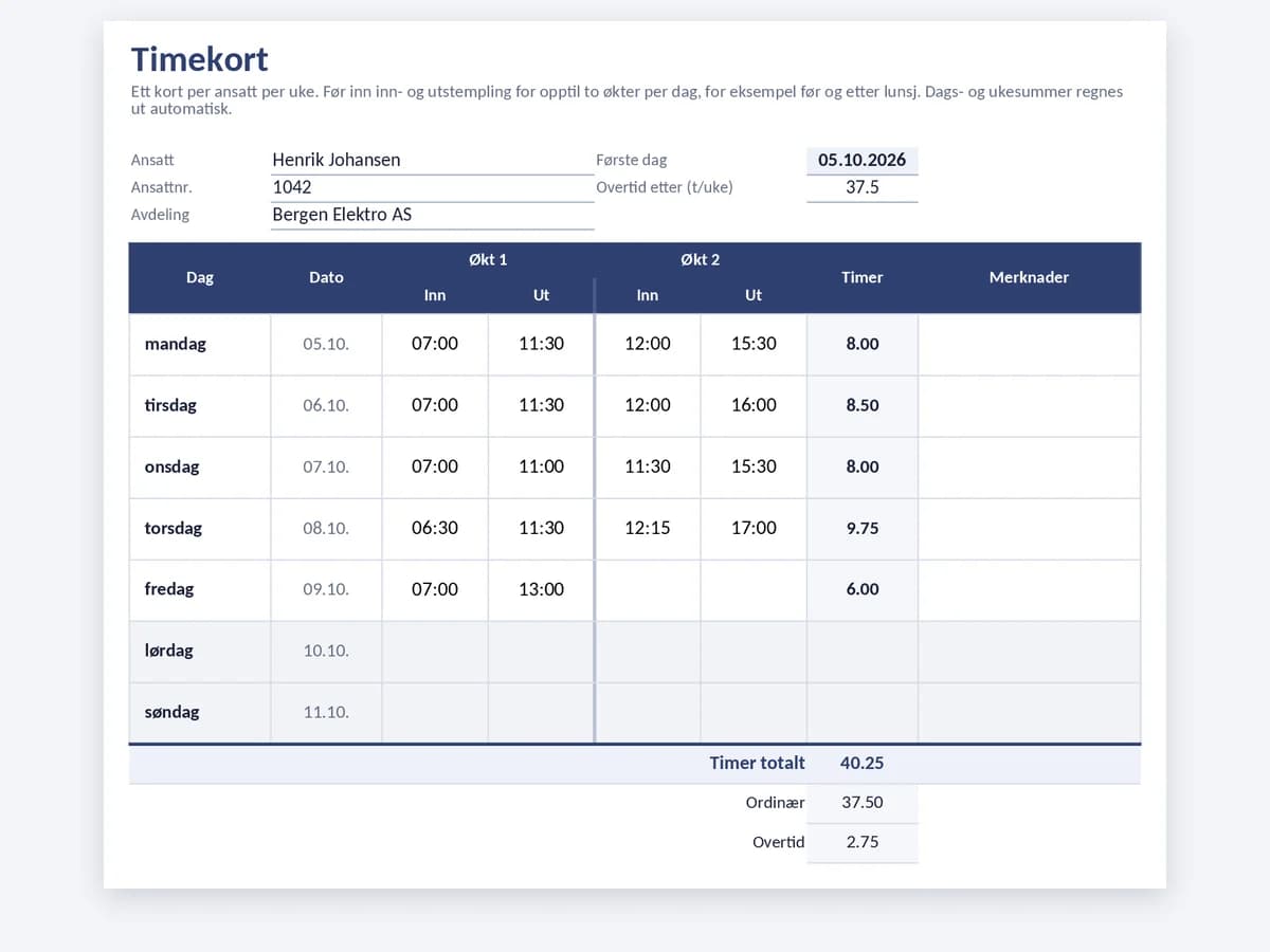 Ukentlig timekort med to inn- og utstemplinger per dag